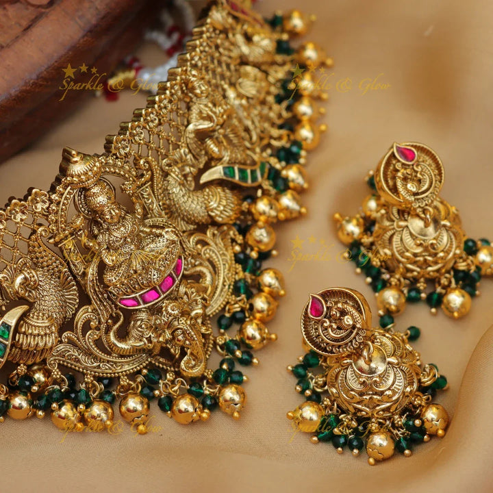 Grand Lakshmi Peacock Elephant carved Bridal Choker with beads