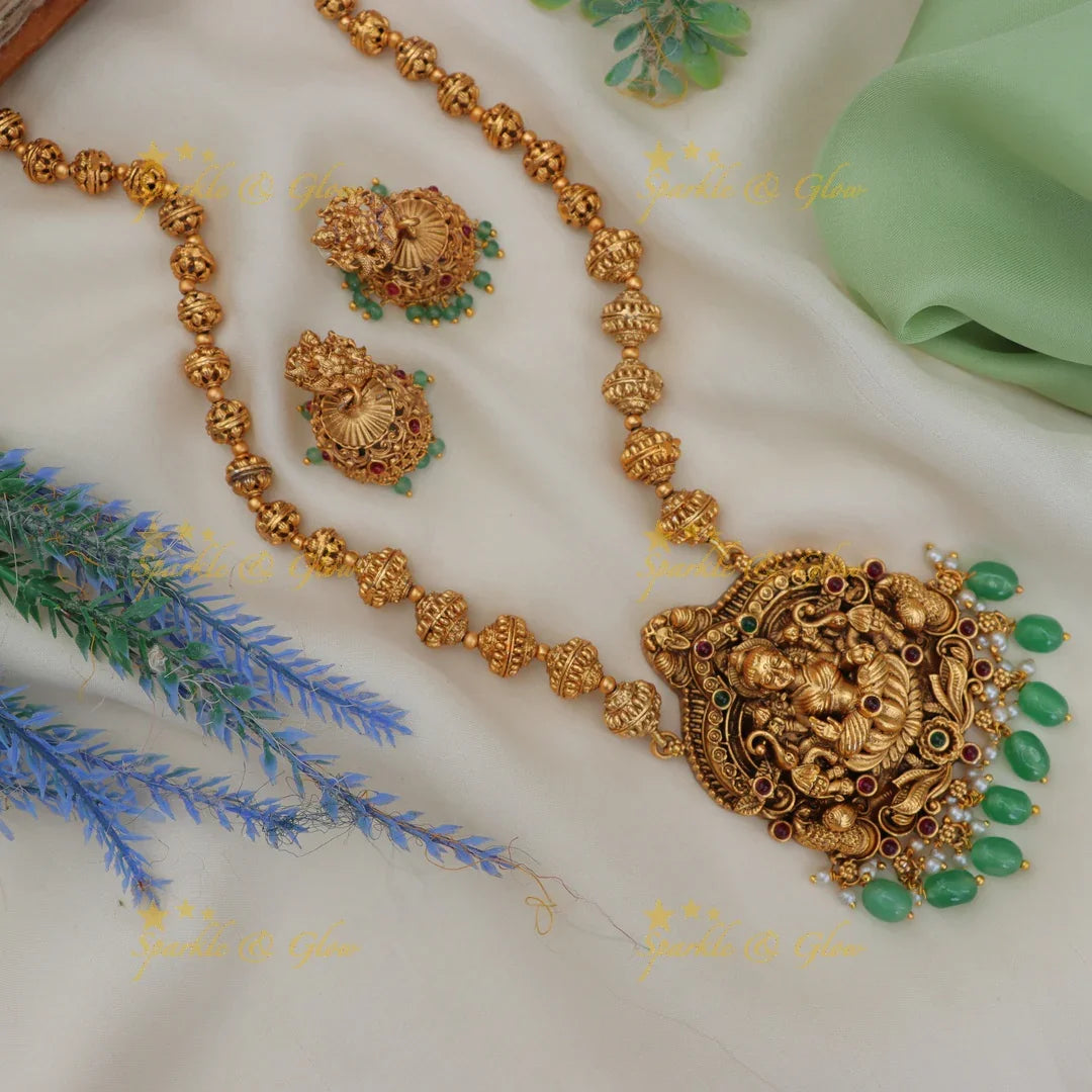 Stunning Lakshmi Elephant pendant Chain with green beads