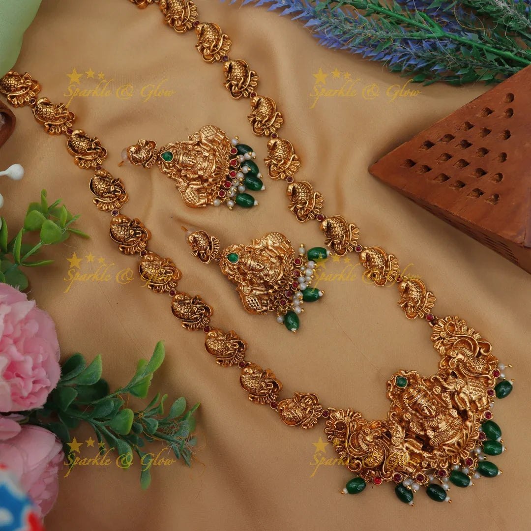 Stunning Lakshmi Peacock Elephant carved Long necklace
