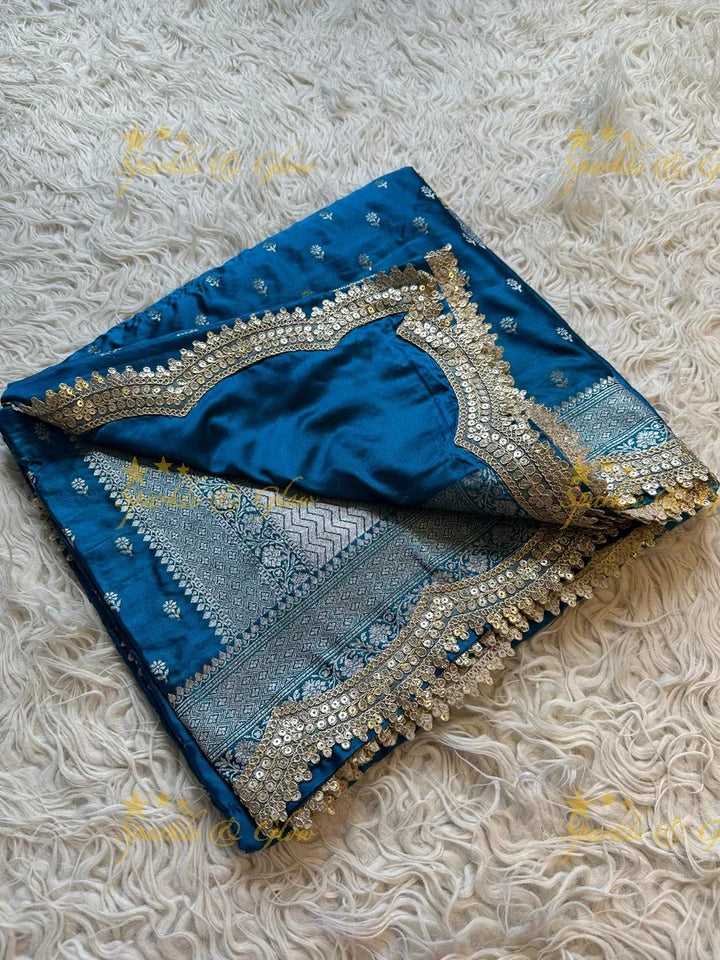 Premium Peacock Blue Mashru Silk Saree with Zari Border