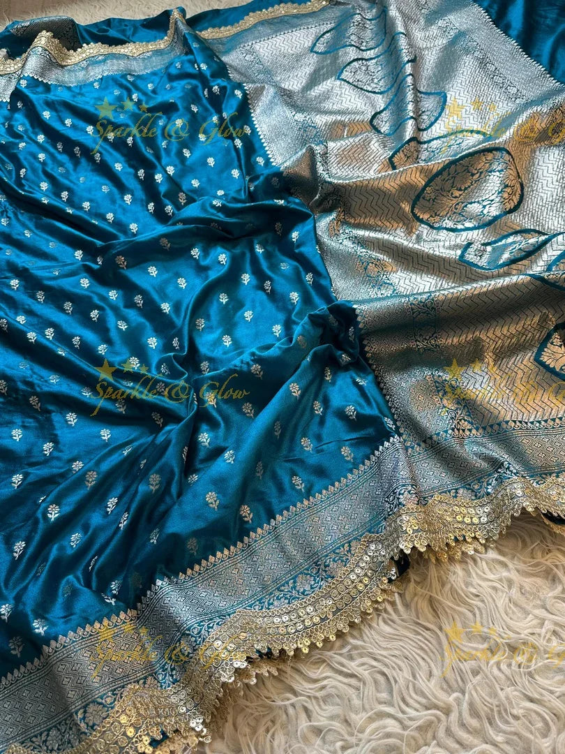 Premium Peacock Blue Mashru Silk Saree with Zari Border