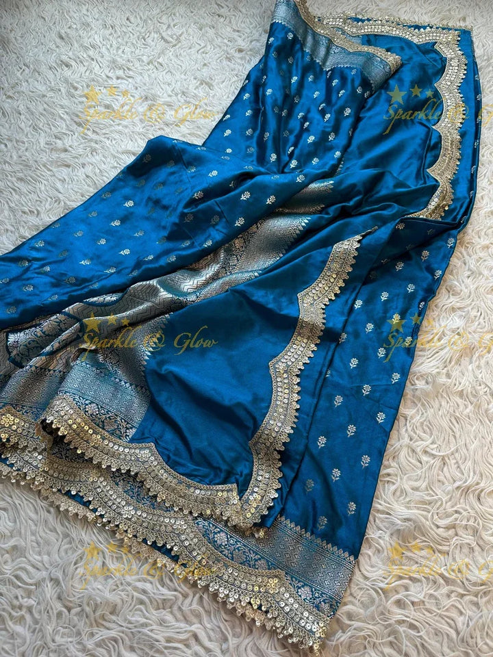 Premium Peacock Blue Mashru Silk Saree with Zari Border