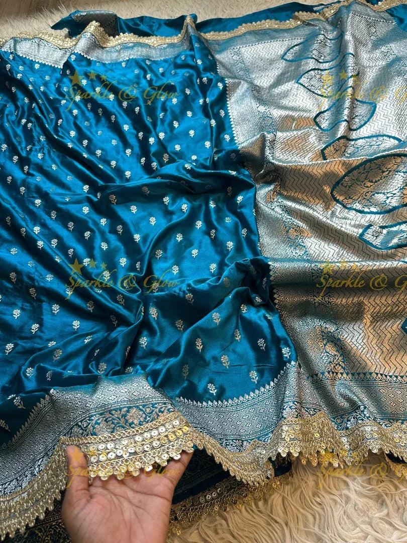 Premium Peacock Blue Mashru Silk Saree with Zari Border