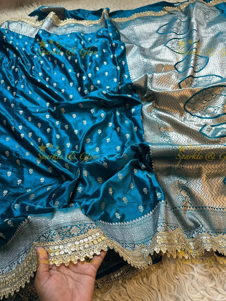 Premium Peacock Blue Mashru Silk Saree with Zari Border