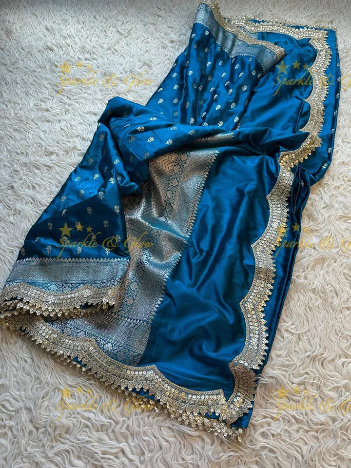 Premium Peacock Blue Mashru Silk Saree with Zari Border