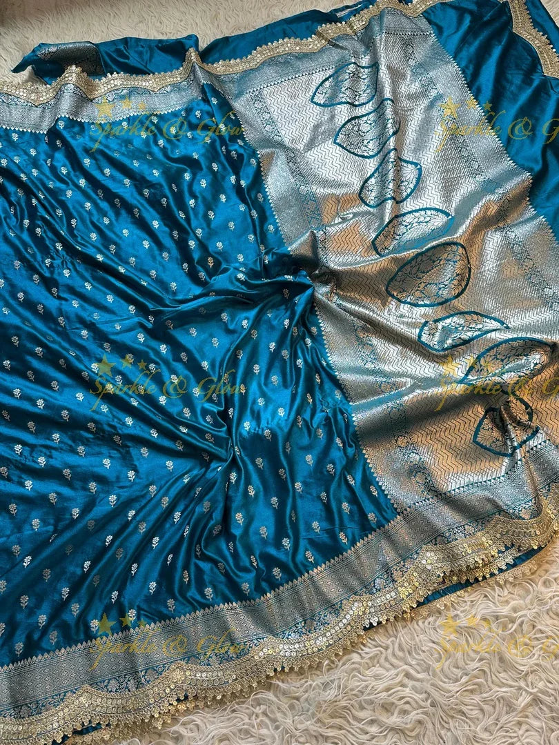 Premium Peacock Blue Mashru Silk Saree with Zari Border