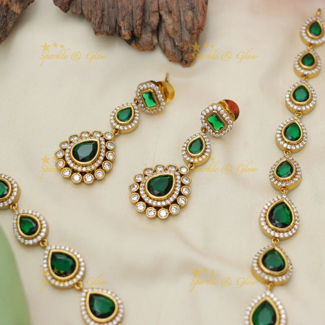 Victorian Bridal Emerald Necklace Set - Sparkle & Glow