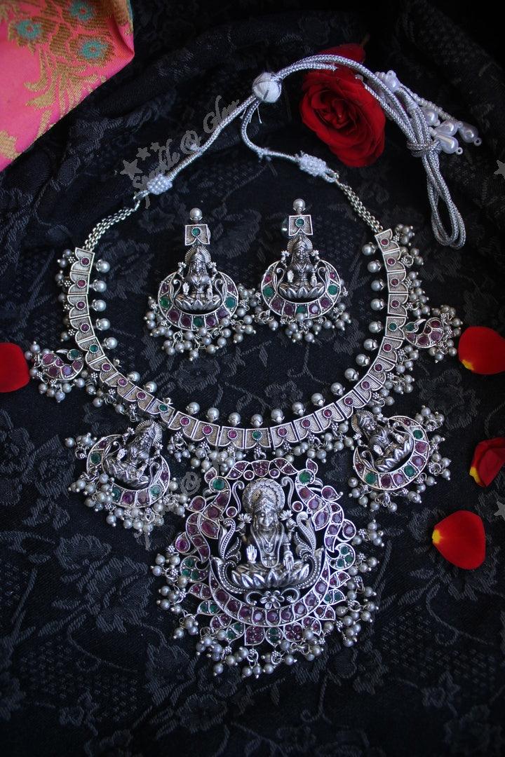 Matte silver finish lakshmi gutta pusalu short necklace - Sparkle and Glow