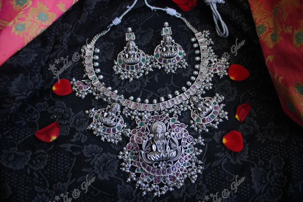 Matte silver finish lakshmi gutta pusalu short necklace - Sparkle and Glow