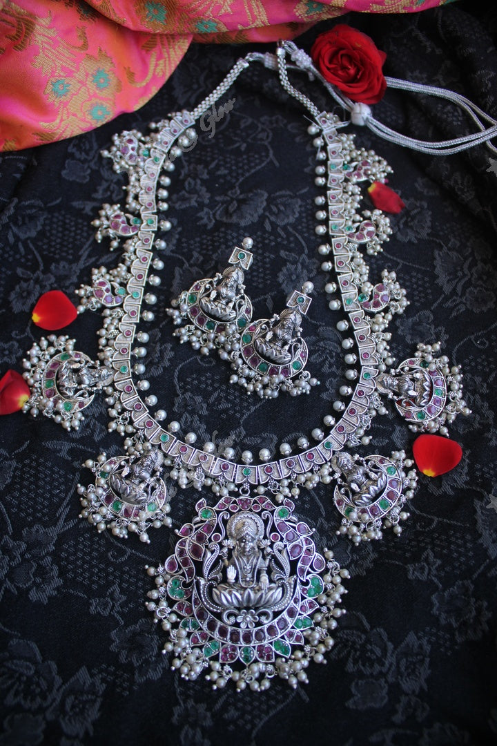 Matte silver finish lakshmi gutta pusalu long necklace