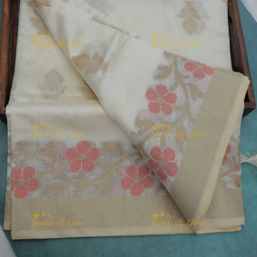 Exquisite Kerala Hibiscus Organza Saree | Sparkle & Glow