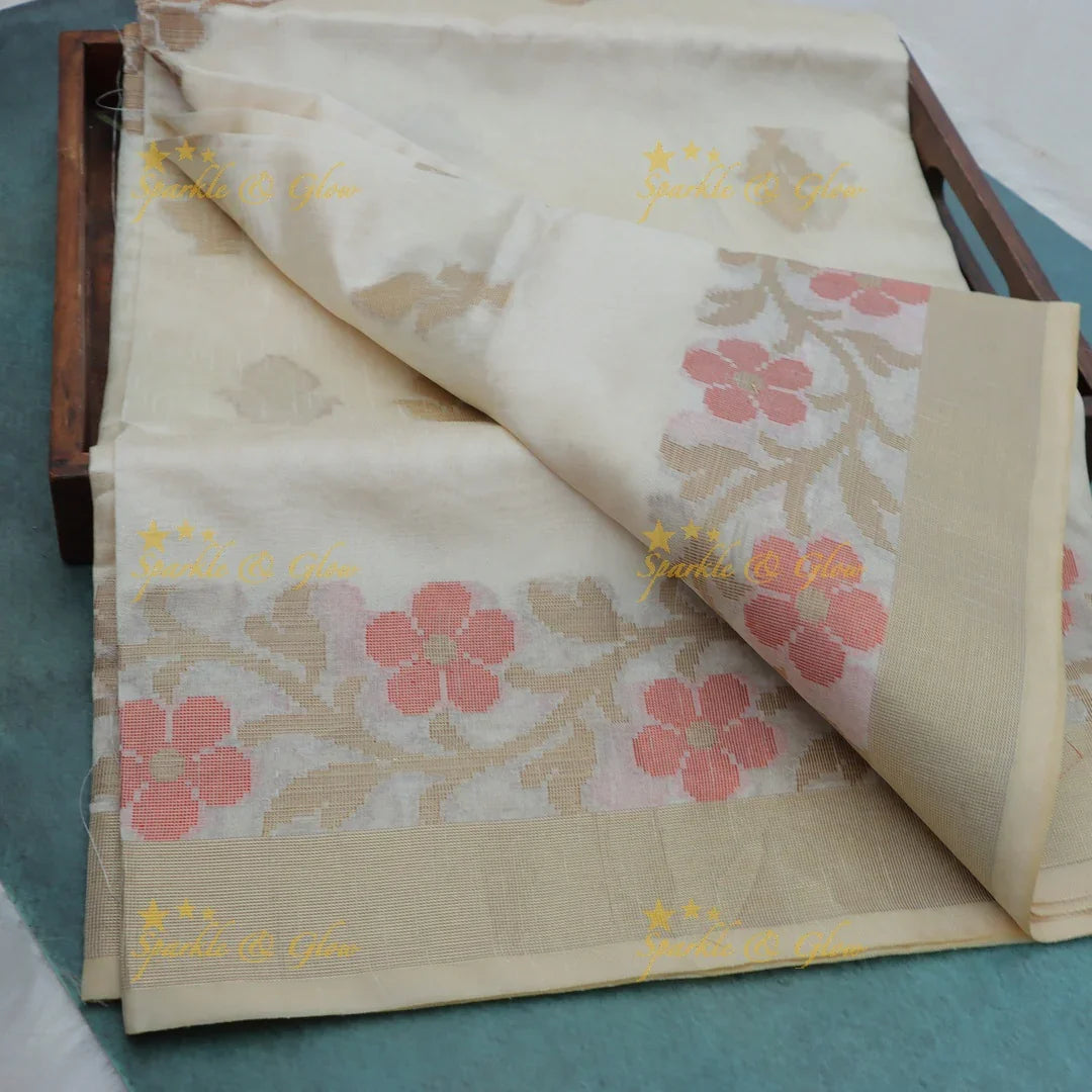 Exquisite Kerala Hibiscus Organza Saree | Sparkle & Glow