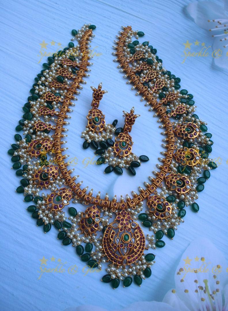 Beautifull peacock gutta pusalu long necklace with green beads - Sparkle and Glow