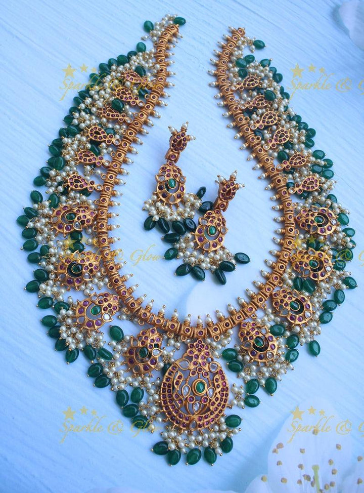 Beautifull peacock gutta pusalu long necklace with green beads - Sparkle and Glow