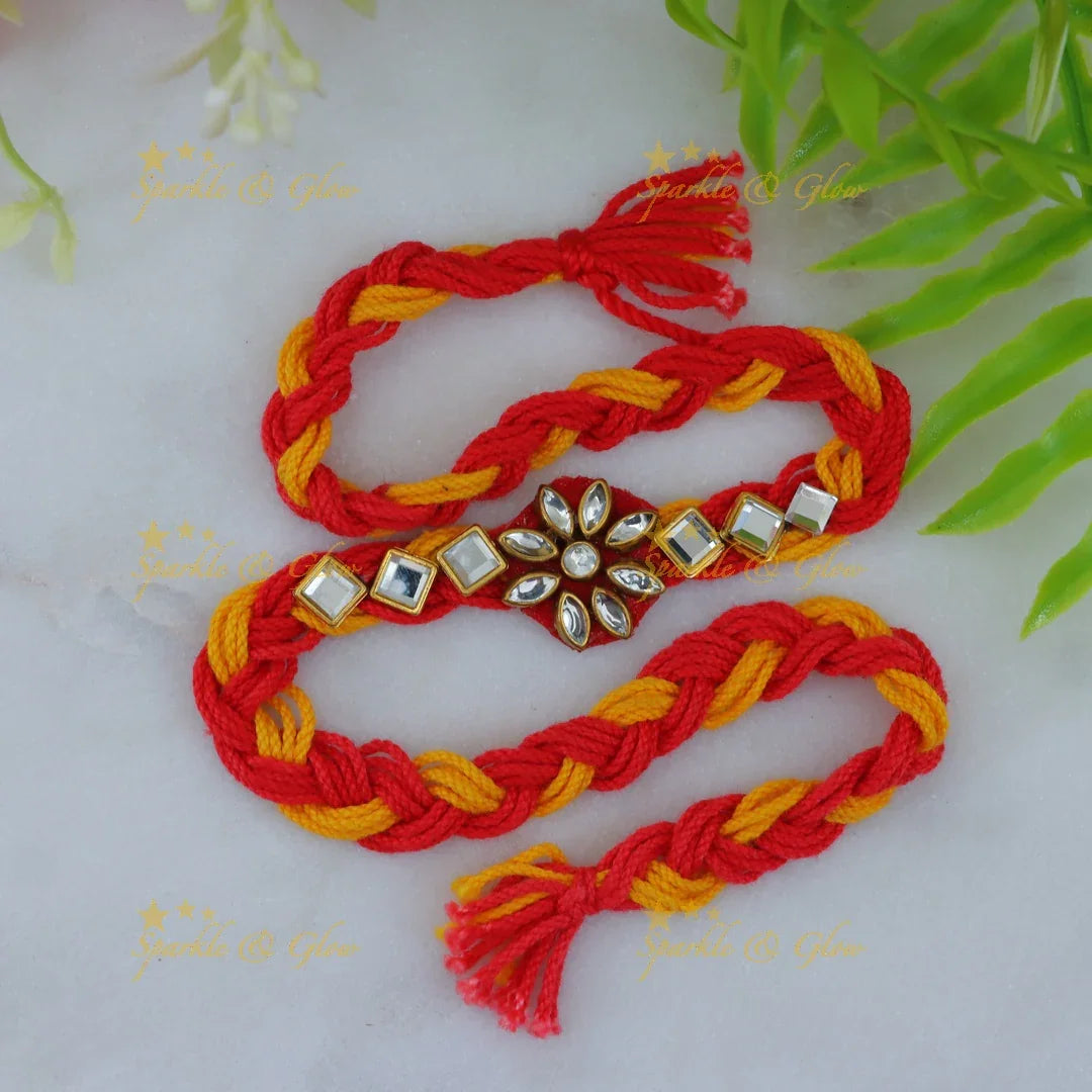 Exquisite Kundan Floral Rakhi with Vibrant Thread