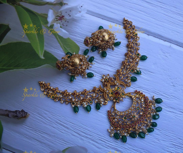 Premium matte gold peacock carved short necklace - Sparkle and Glow