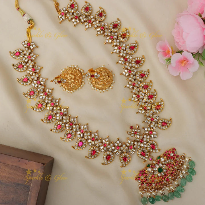 Exquisite Jadau Kundan Haram Necklace with Green Gems