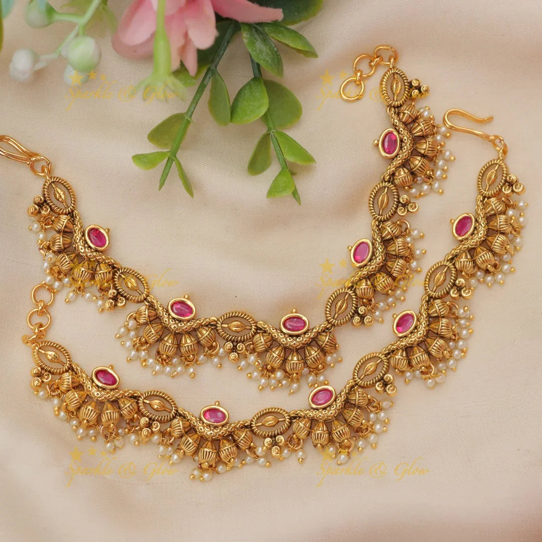 Exquisite Kundan Pearl & Gold Wedding Ear Chain