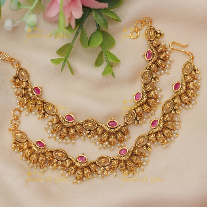 Exquisite Kundan Pearl & Gold Wedding Ear Chain