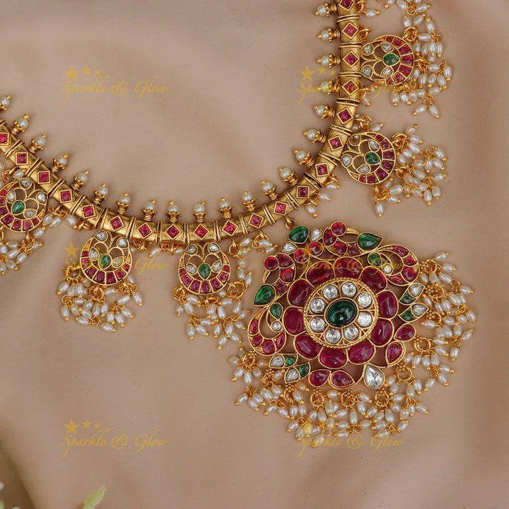 Elegant Jadau Necklace Set with Pearls & Gemstone Detailing