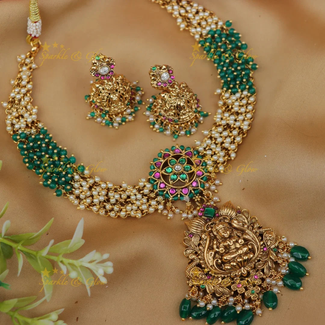 Exquisite Pearl & Bead Lakshmi Necklace Set - New Arrival