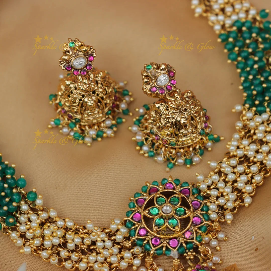 Exquisite Pearl & Bead Lakshmi Necklace Set - New Arrival