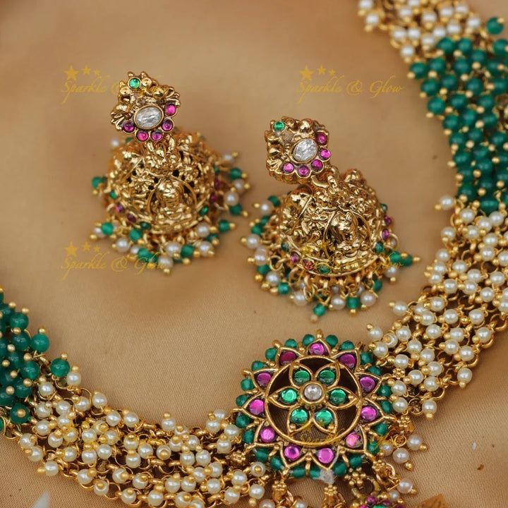Exquisite Pearl & Bead Lakshmi Necklace Set - New Arrival