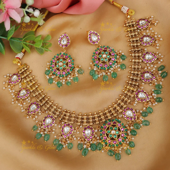 Dazzling Jadau Necklace Set with Green Beads - Wedding Ready