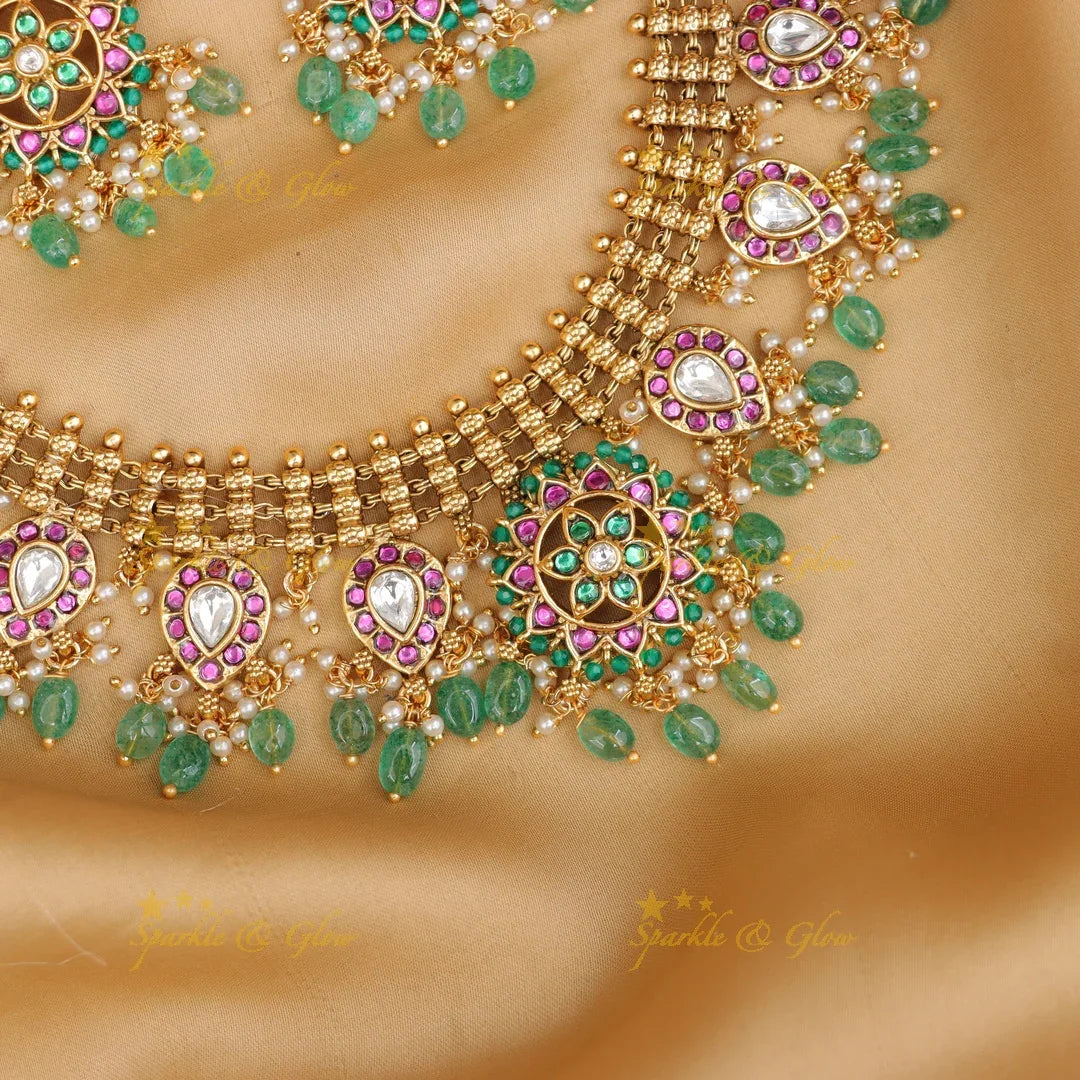 Dazzling Jadau Necklace Set with Green Beads - Wedding Ready