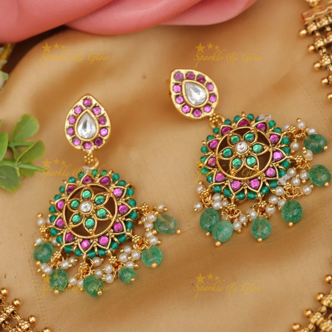 Dazzling Jadau Necklace Set with Green Beads - Wedding Ready