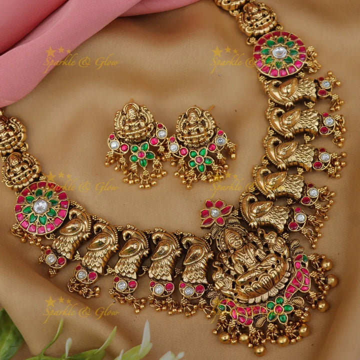 Exquisite Gold Lakshmi Peacock Necklace Set