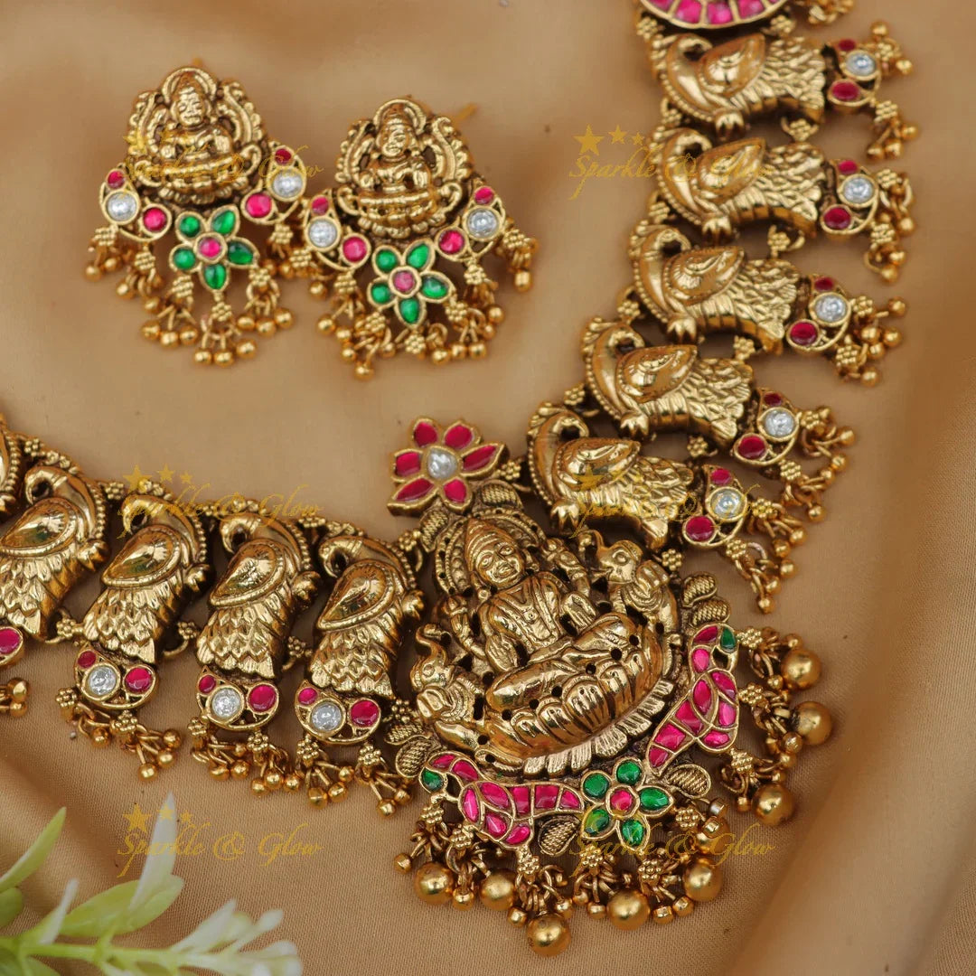 Exquisite Gold Lakshmi Peacock Necklace Set