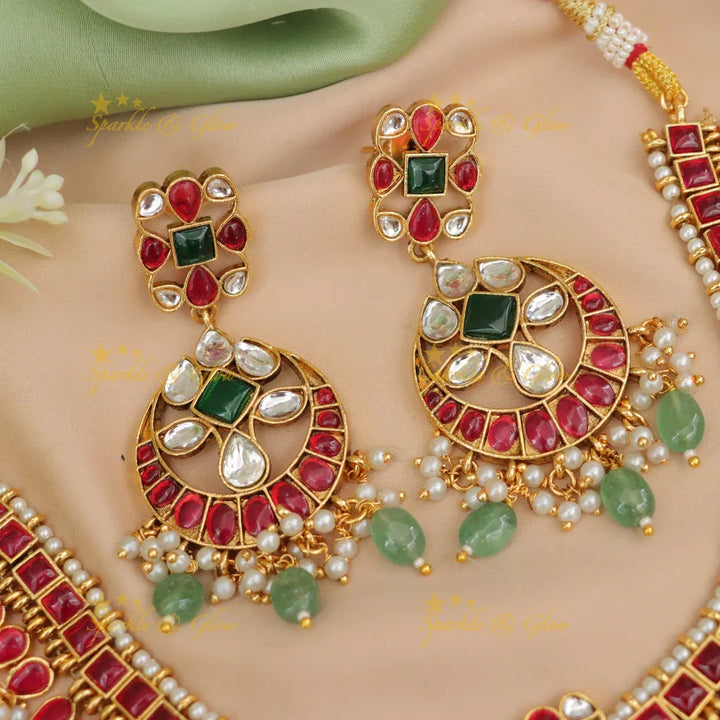 Exquisite Jadau Pearl Necklace & Earrings Set
