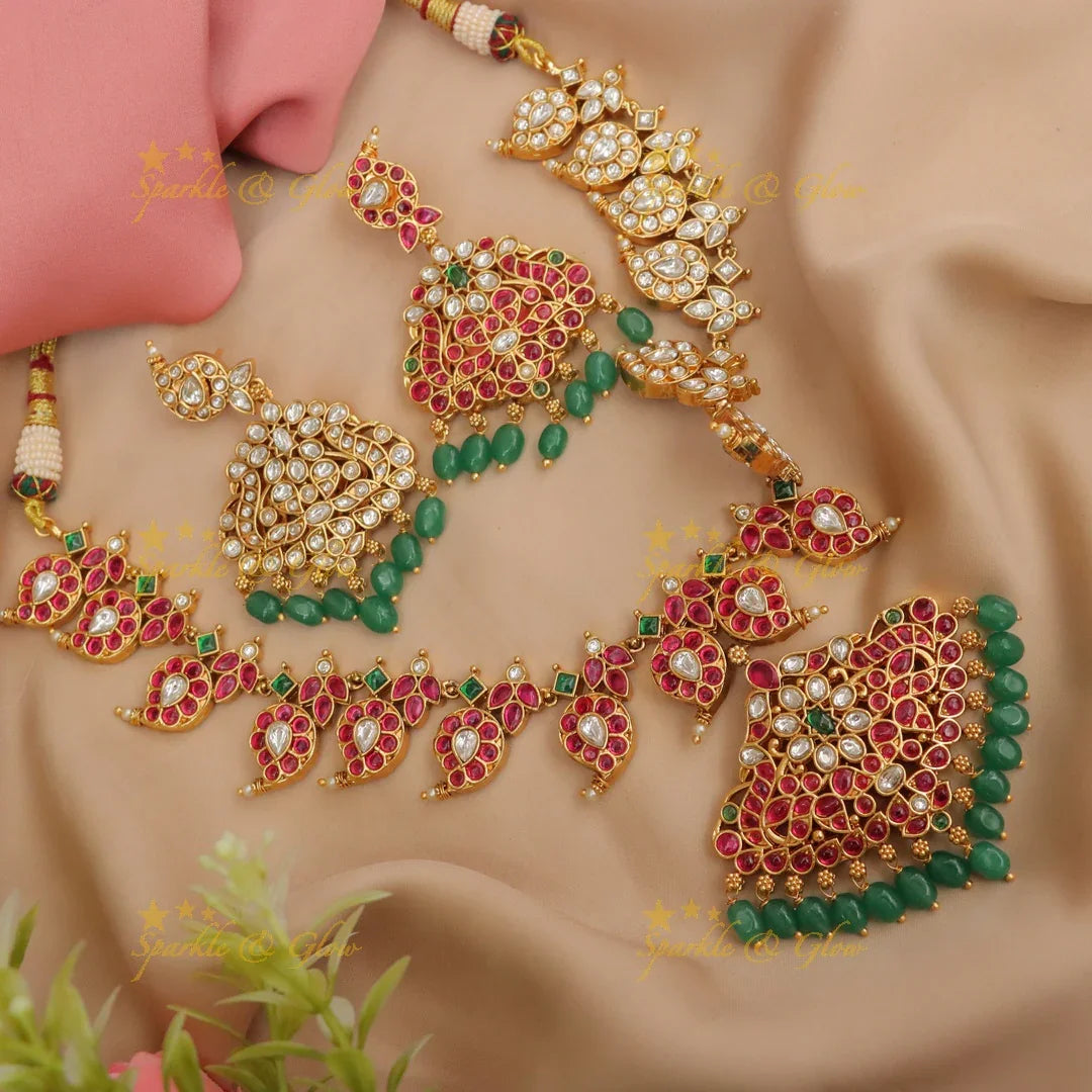 Elegant Jadau Mango Necklace with Green Beads