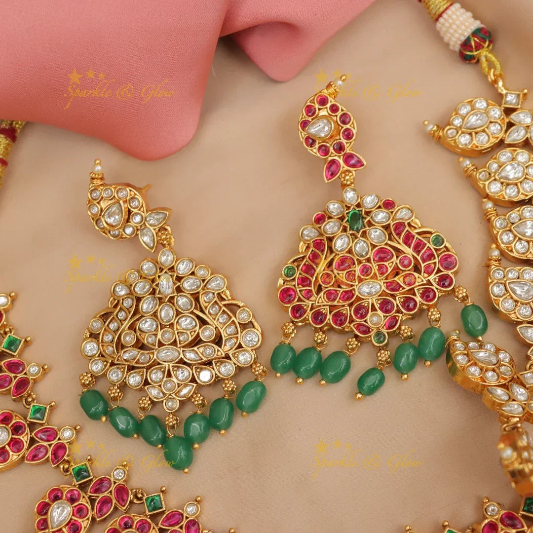 Elegant Jadau Mango Necklace with Green Beads