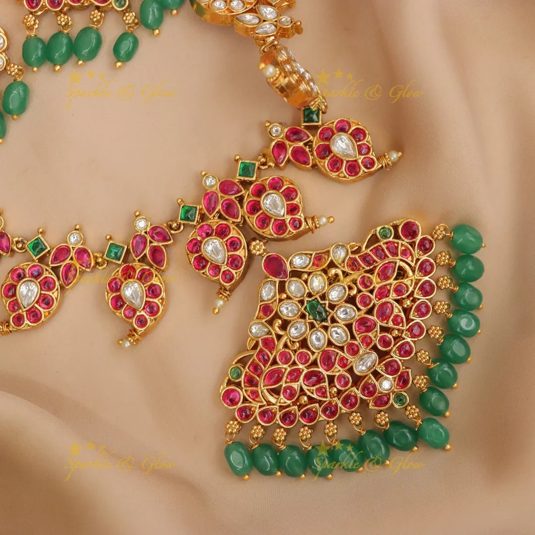 Elegant Jadau Mango Necklace with Green Beads