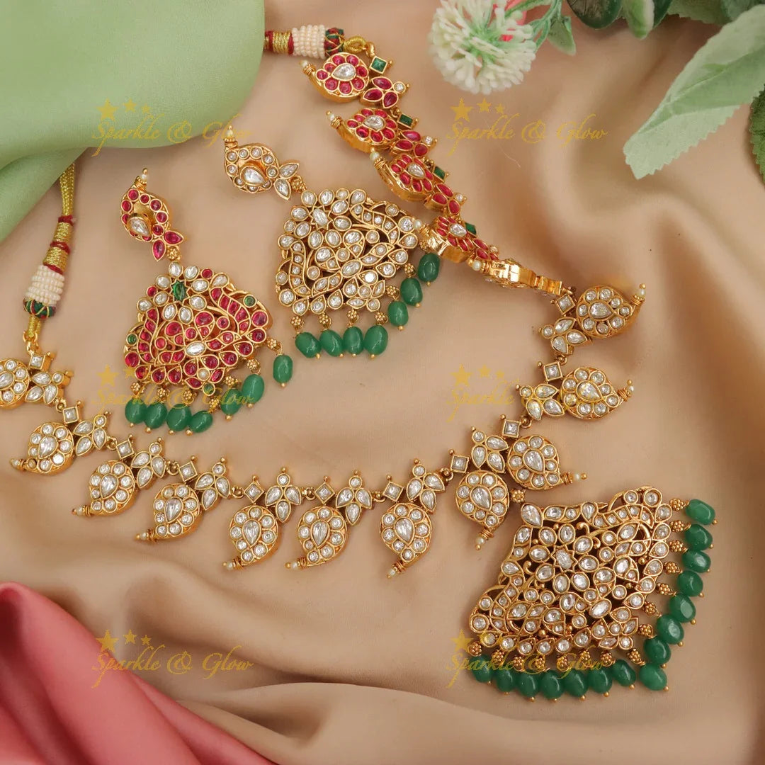 Elegant Jadau Mango Necklace with Green Beads