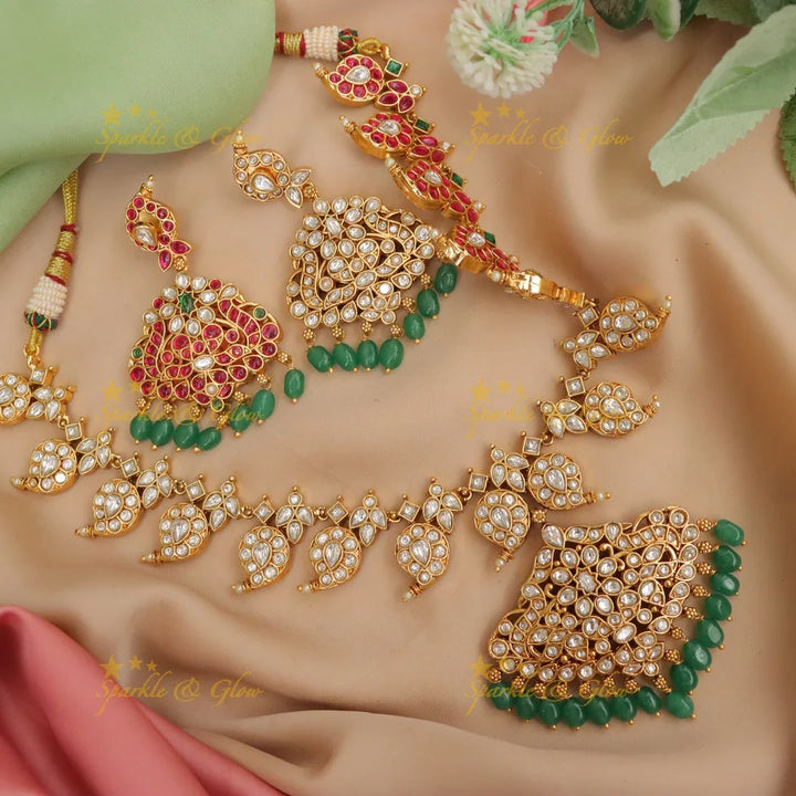 Elegant Jadau Mango Necklace with Green Beads