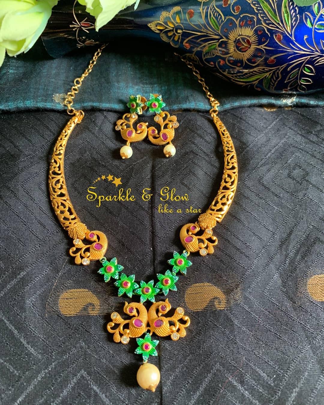 Statement Peacock meenakari necklace - Green - Sparkle and Glow