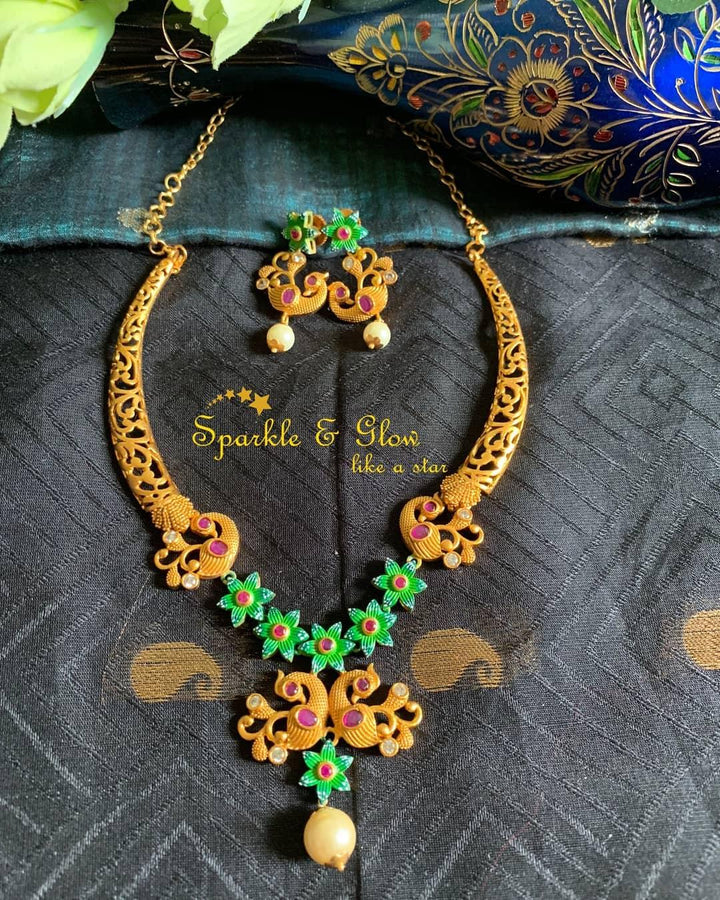 Statement Peacock meenakari necklace - Green - Sparkle and Glow