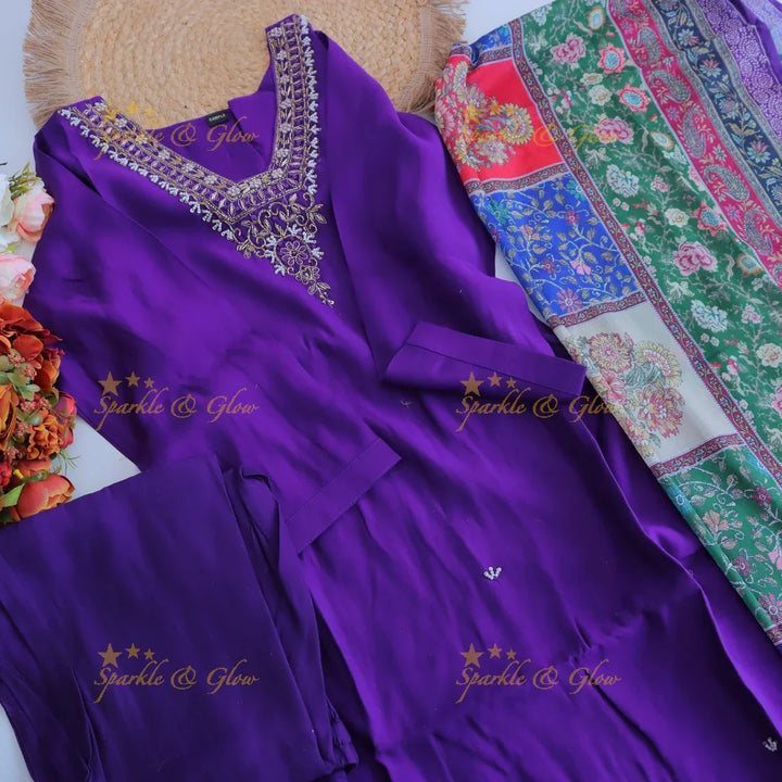 Stunning Modal Silk Kurti pant with digital Print Dupatta set- Purple - Sparkle and Glow
