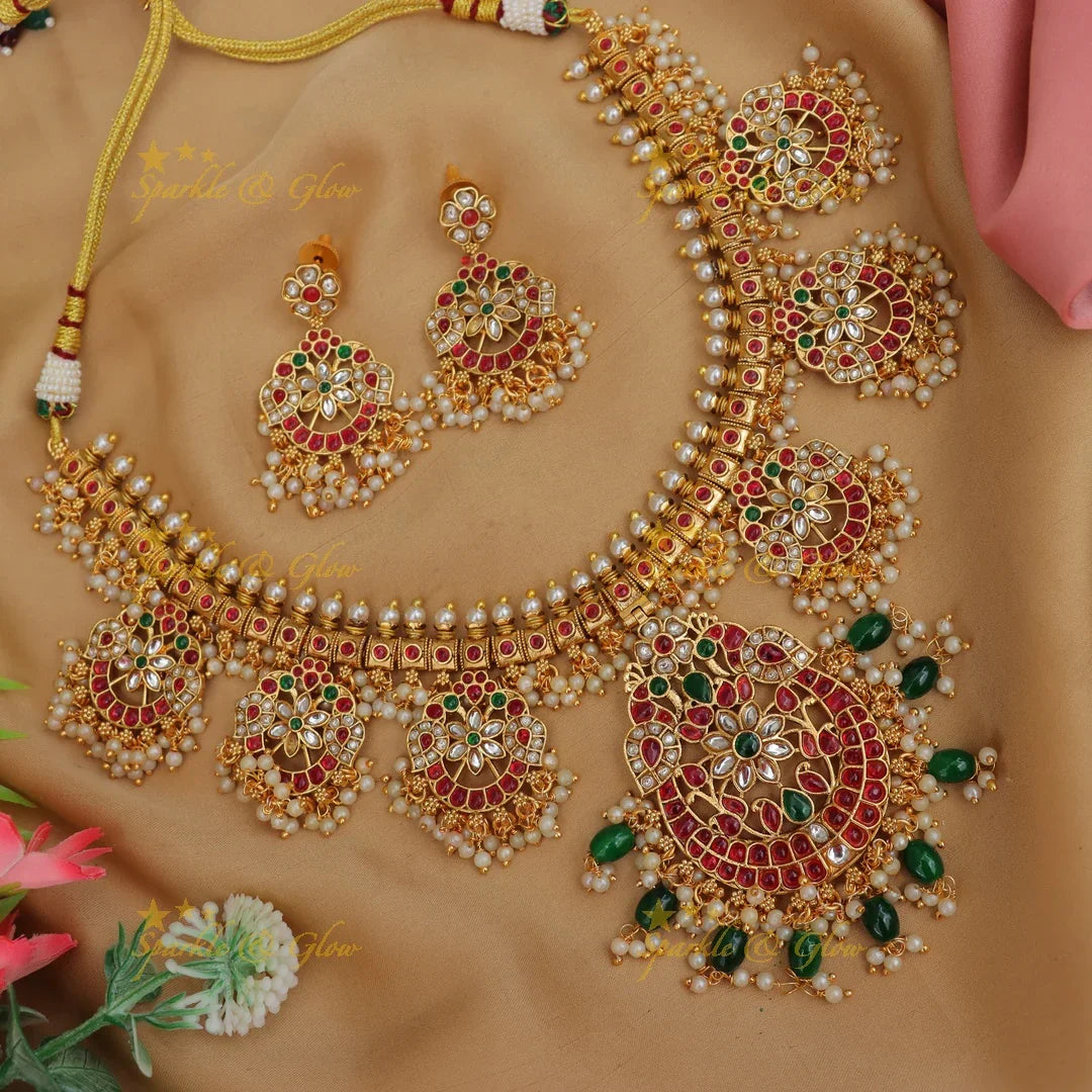 Timeless Jadau Floral Necklace with Pearls - Elegant Design
