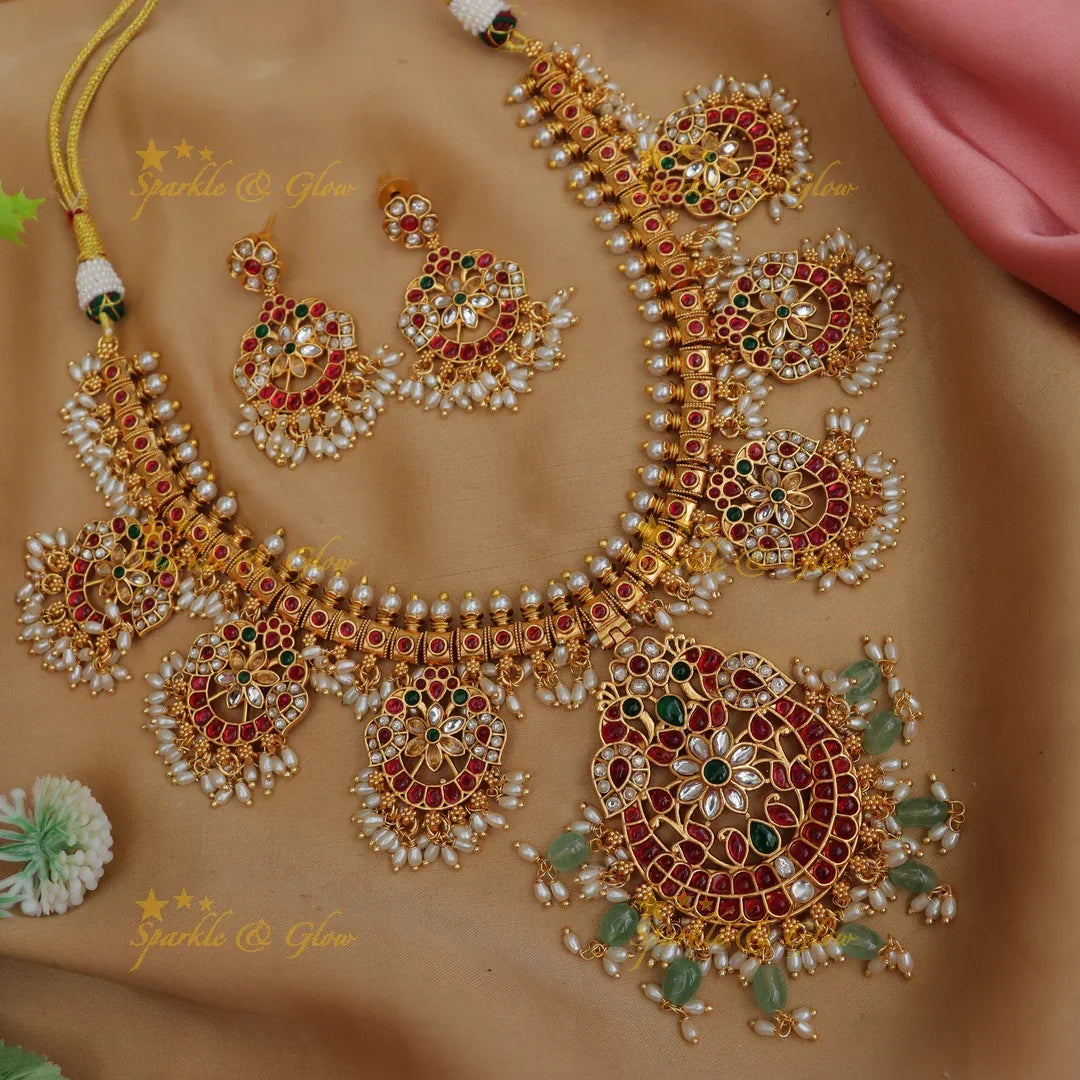 Timeless Jadau Floral Necklace with Pearls - Elegant Design