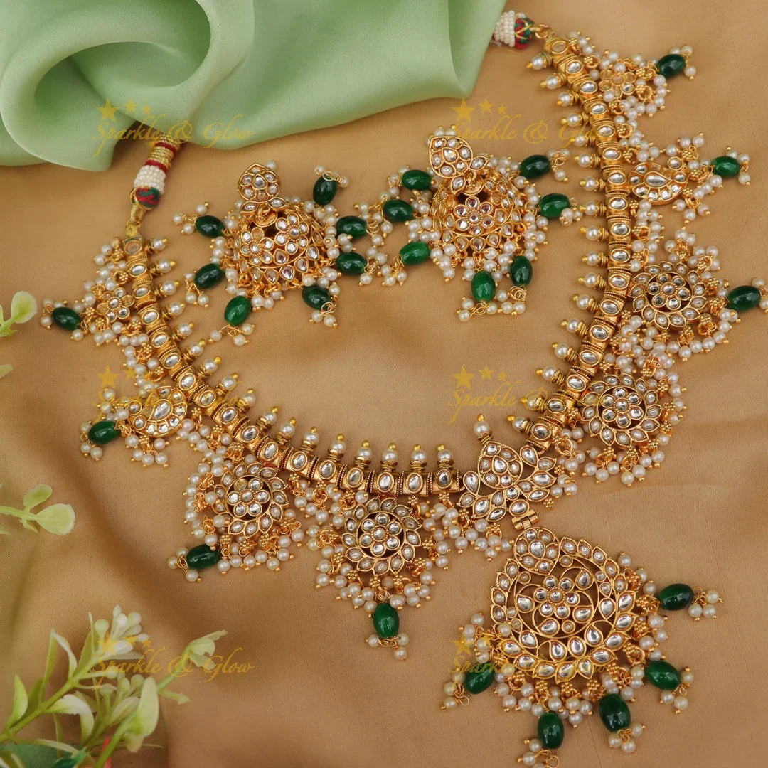 Exquisite Jadau Necklace with Green Beads - Wedding Exclusive