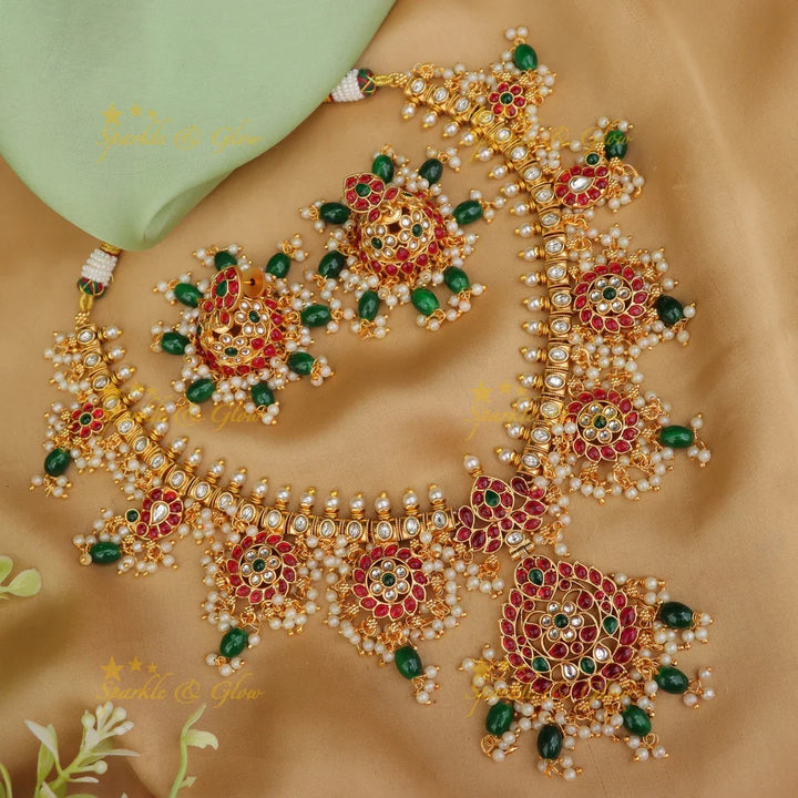 Exquisite Jadau Necklace with Green Beads - Wedding Exclusive