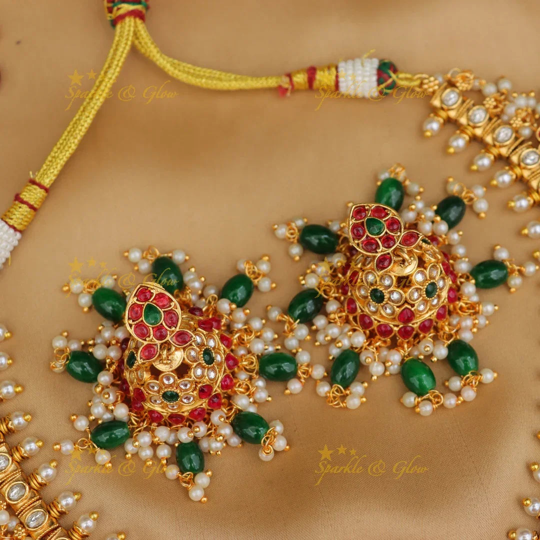 Exquisite Jadau Necklace with Green Beads - Wedding Exclusive