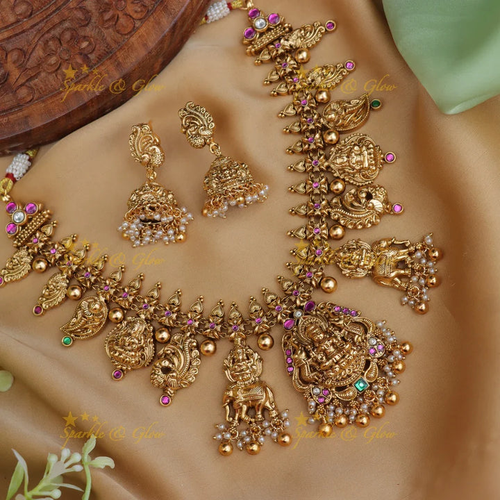Stunning Gold Alike Lakshmi Elephant Pearl Gold beads Necklace