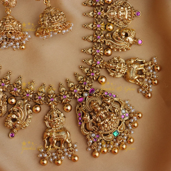 Stunning Gold Alike Lakshmi Elephant Pearl Gold beads Necklace