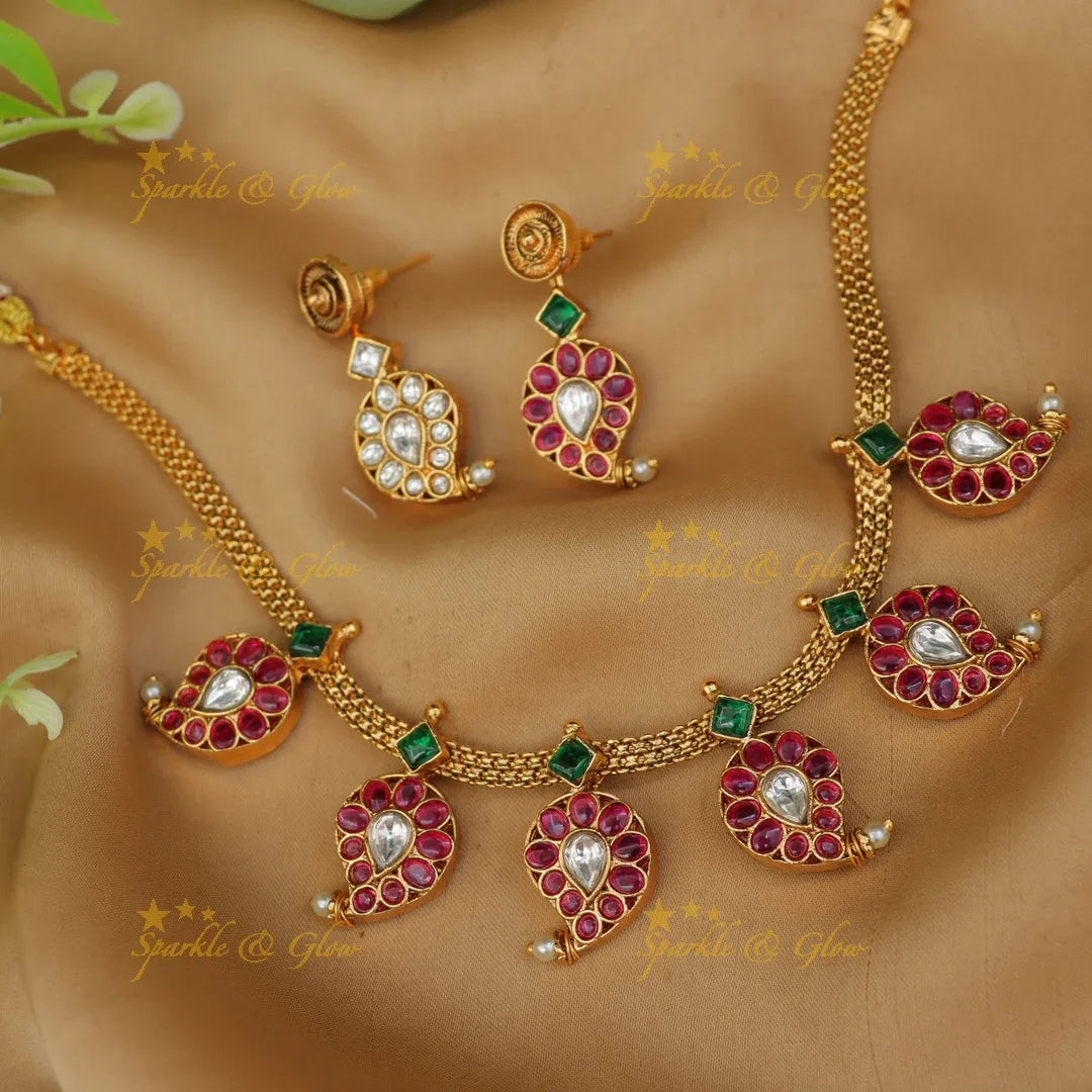 Exquisite Gold Alike Jadau Mango Necklace Set