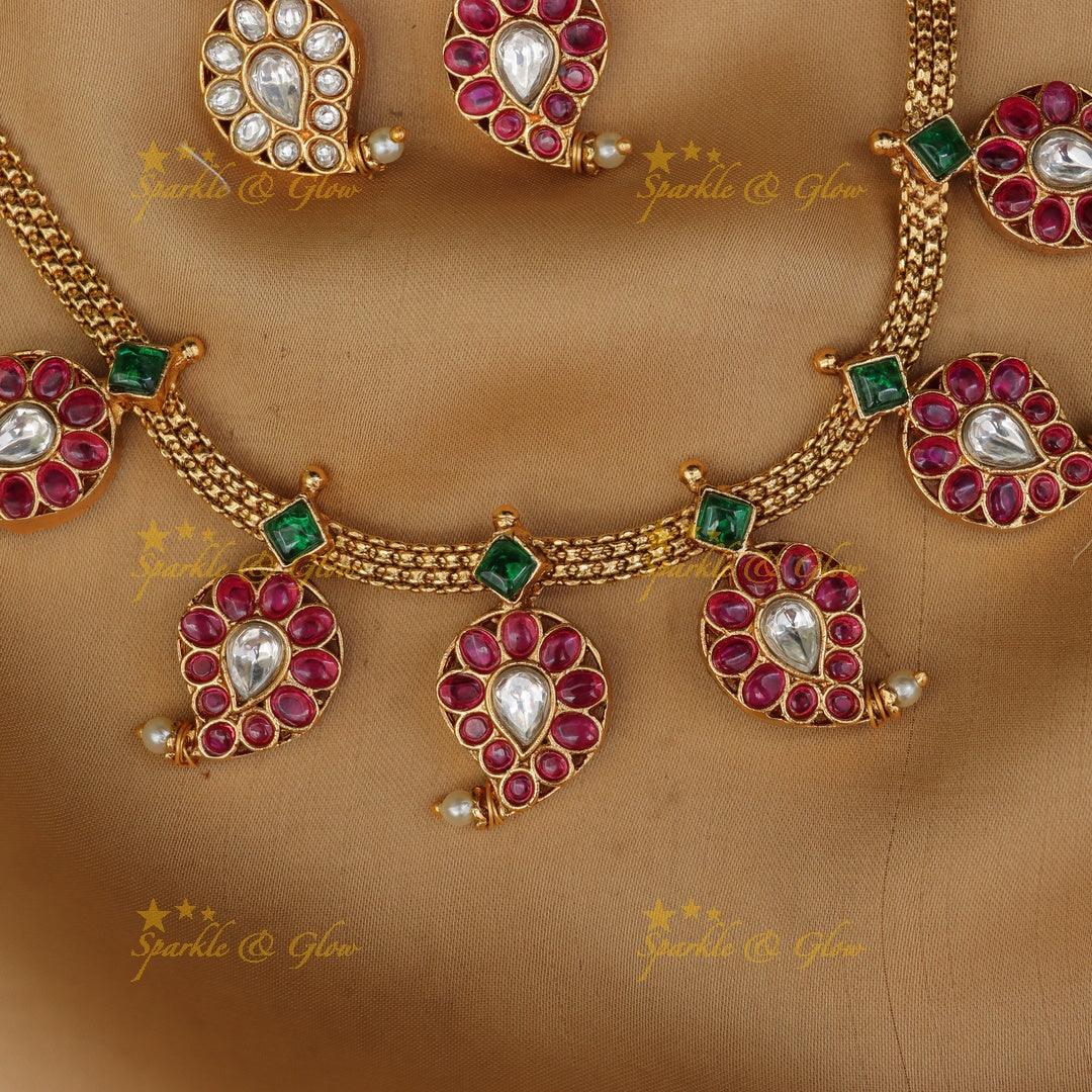 Exquisite Gold Alike Jadau Mango Necklace Set